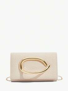 SHEIN SXY Damen, Frauen Gold Metall Clutch Tasche, Umhängetaschen, modisch, elegant, schlicht, personalisiert, vielseitig, klassisch, geprägtes Kunstleder, große Hardware Schnalle Dekoration, für Pendeln, Büro, Date, Alltag, Einkaufen, Nachmittagstee - Beige - Übersicht 2