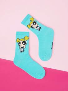 THE POWERPUFF GIRLS X SHEIN 1 双女式泡泡图案可爱舒适中筒袜 - 藍色 - 查看 3