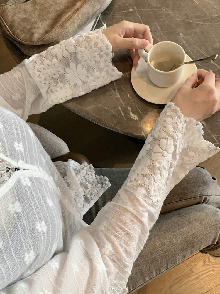 Women's Loose Casual Vacation Style Lace Patchwork Open Front Cover Up Cover Up, V-Neck Long Sleeve Lightweight Lace Shirt, Spring/Summer/Autumn,Fall Women Clothes