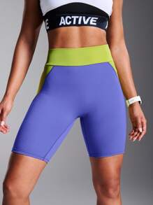 Powerista 女士蓝色拼布修身休闲运动短裤，适合日常健身和健身房，日常穿着运动短裤