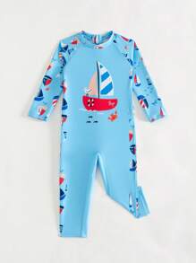 Baby Boys Swimwear, Casual Digital Boat Printed Polyester Swimsuit, Suitable For Summer, Beach, Swimming, Fashionable And Cool - Blue - View 4