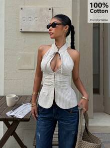 Siren Gaze Top ajustada tipo halter con cuello de lazo y calado, chaleco con abertura frontal para uso en exteriores para mujer