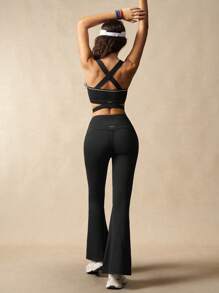 VARSITIE 女士瑜伽裤 女士喇叭裤，带撞色滚边细节 - 黑色 - 查看 1