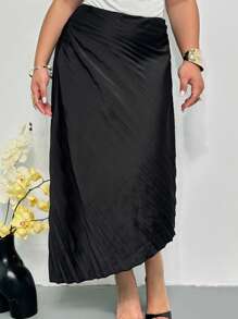 Firerie Women Plus Black Elegant Pleated Asymmetric Hem Skirt,Autumn Night Office Commute Wedding Senior Banquet Birthday Party Siren Style Skirt - Black - View 1