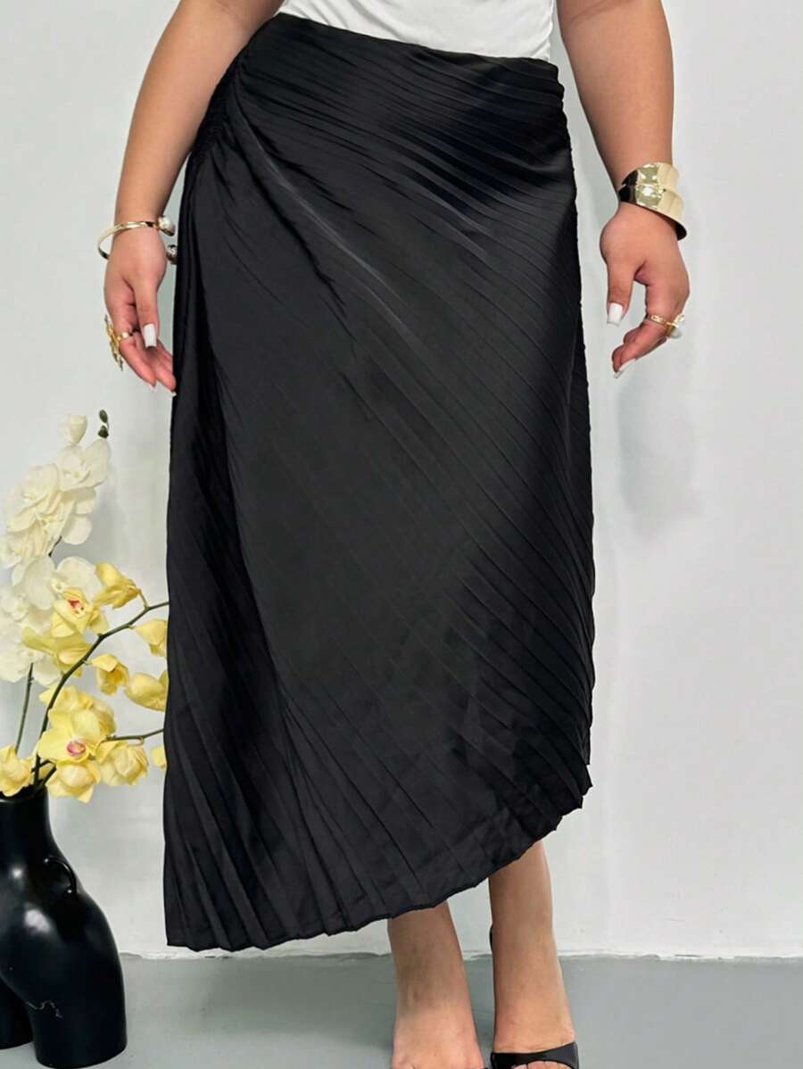 Firerie Women Plus Black Elegant Pleated Asymmetric Hem Skirt,Autumn Night Office Commute Wedding Senior Banquet Birthday Party Siren Style Skirt - Black - View 1
