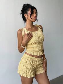 Aloruh Bộ 2 áo hai dây màu trơn và quần short thời trang cho nữ mùa hè - Màu vàng - Xem 6