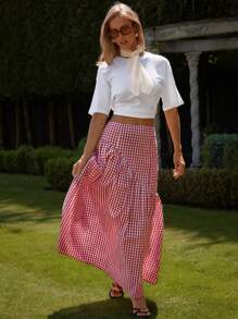 COSMINA Women's Fashion Romantic Sweet Plaid Gingham Print Skirt - Red and White - View 7