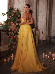 Glamrae Elegante e lussuoso abito da sera lungofatto di raso con arricciature e balze, senza spalline, con spacco, adatto per matrimoni, eventi, feste, vacanze, balli, occasioni formali (design robusto), abito da festa, vestito da sera, per eventi, invitati di matrimonio
