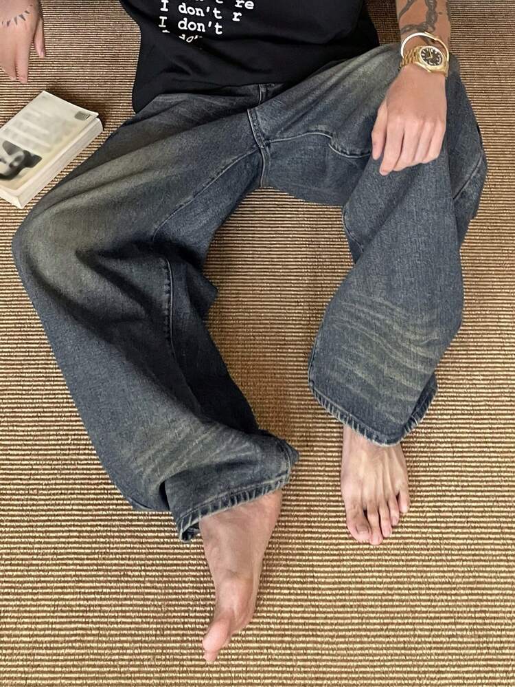 Vintage Washed Blue Men's Jeans With Back Pocket Patchwork, Spring