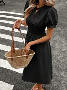 Siren Gaze 女士紧身胸衣和 A 字裙套装，前系带泡泡袖中长连衣裙，带口袋 - 黑色 - 查看 4