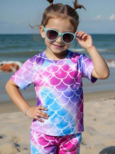 两件套少女运动泳衣套装，简约别致的欧式风格，彩虹美人鱼鳞片印花。方便穿脱。适合游泳、沙滩、戏水等场合，2025春夏新品