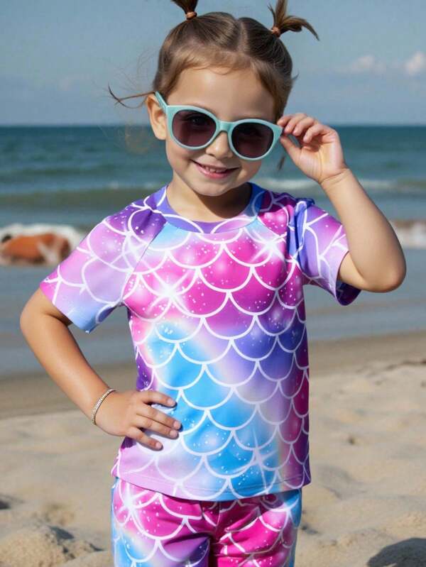 2pcs/Set Young Girl Sporty Swimsuit Set, Simple & Chic European Style, Rainbow Mermaid Scale Print. Easy To Wear & Take Off. Suitable For Swimming, Beach, Water Play And Other Occasions, 2025 Spring & Summer New Arrival