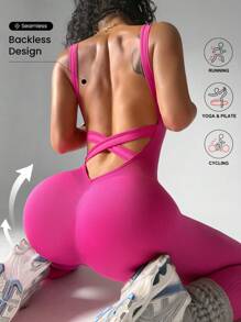 SHEIN Sport Studio Damen Jumpsuit aus unifarbenem Aktivmaterial mit Kreuzrückendetail und formender Passform