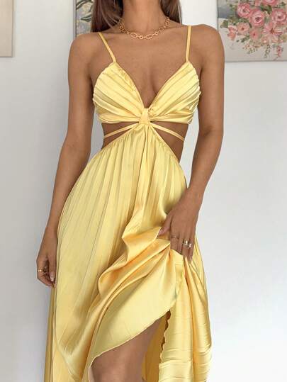 Siren Gaze Women's Solid Color Waist Cutout Ruffle Strap Midi Dress, Elegant And Stylish Women Short Dresses Summer Woman Birthday Outfit Elegant Gown Yellow Sundress Lemon Yellow Pleated Dress Cutout Sundress Brunch Dress Butter Yellow Dress Party Chic