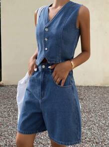 Livesso Conjunto feminino de blusa sem mangas e shorts soltos em algodão jeans - Azul - Ver 4