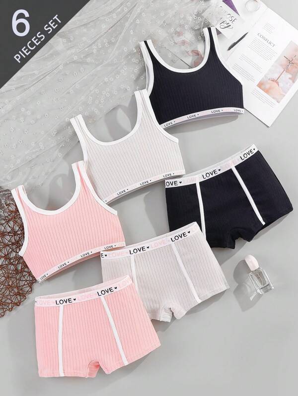 3 Stück/Set Teenager Mädchen Träger-BH, Sport-BH, einfarbige elastische Taillenhose, einfaches Wäsche-Set