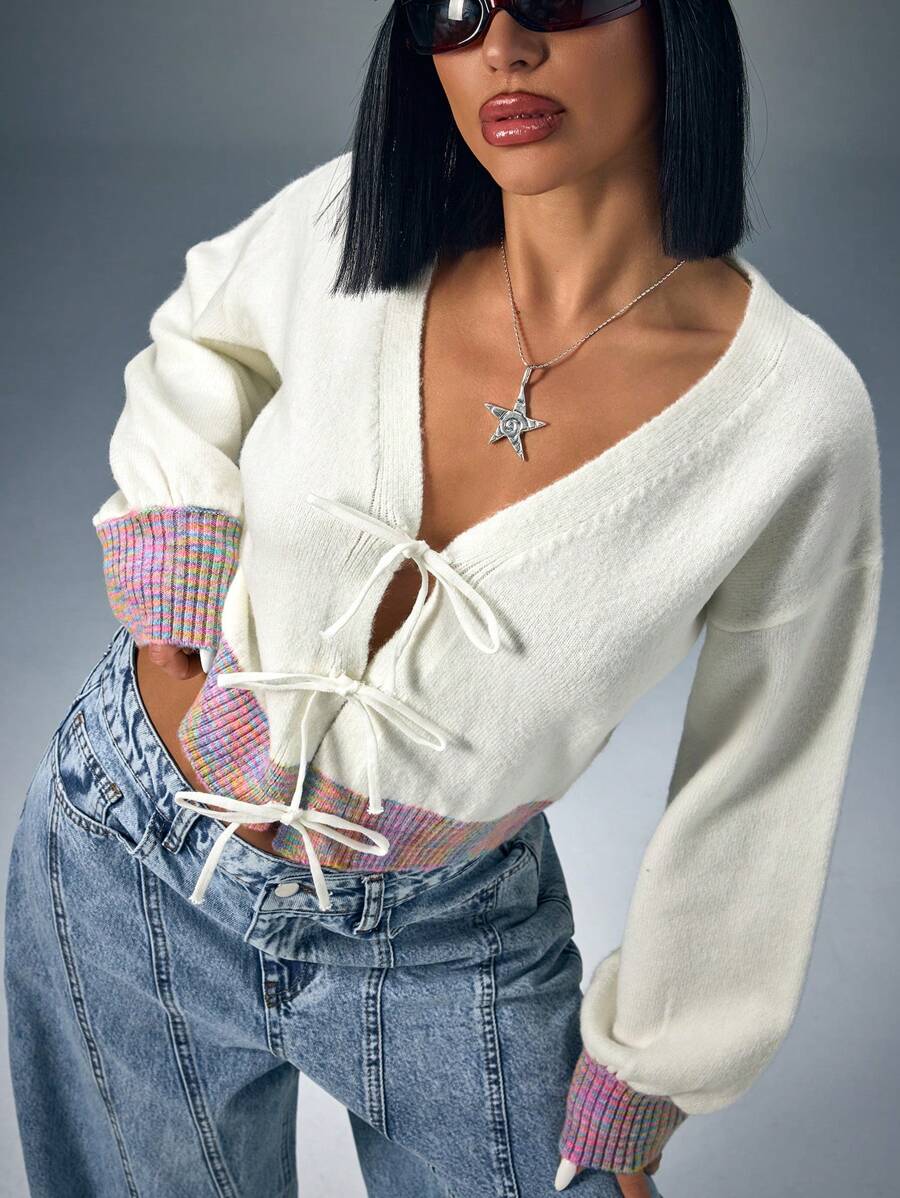 CasuGlow Women's Cute Bow Tie Multicolor Cuff And Hem Detailed V Neck Balloon Shape Sleeve Knitwear Cardigan Winter Y2k Clothes Women Tops Y2k Top White Back To School Y2k Top,Long Cardigans Woman,Petite Cardigans,Cardigans - White - View 1