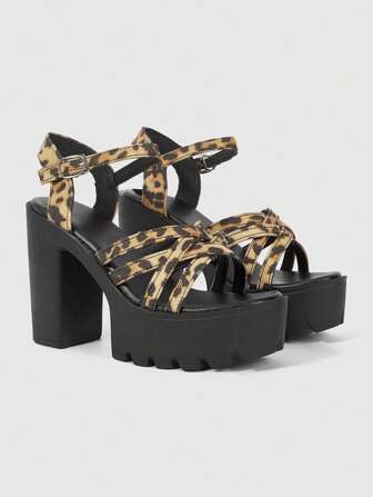 Grunge Punk Women's Leopard Print High Heel Sandals, Summer Open Toe Chunky Heel Strap Formal Work Crossover Strappy Dress Heels