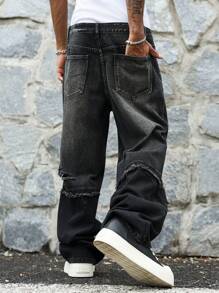 Manfinity EMRG Men's Loose Fit Ripped Pocket Wide Leg Casual Versatile Jeans Pants - Dark Grey - View 2