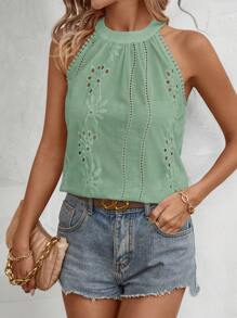 SHEIN Clasi 女士纯色和图案无袖衬衫 - 薄荷綠 - 查看 1