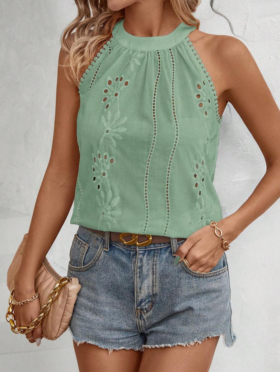 SHEIN Clasi 女士纯色和图案无袖衬衫 - 薄荷綠 - 查看 1