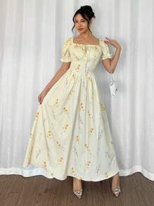 Modelyn Square Neck Digital Print Puff Sleeve Waistline Flared Hem Long Dress For Women - Multicolor - View 7