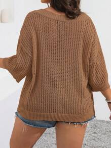 Franclia Maglione pullover taglia comoda, tinta unita, modello taglie forti con lavorazione traforata