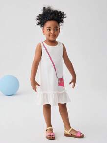 SHEIN Leap Crew 小女童包圖案荷葉邊下擺連衣裙 - 白色 - 查看 4