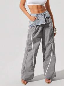 Denimoi 女式拼布磨边腰设计阔腿牛仔裤