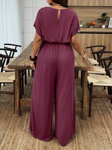 SHEIN Clasi Bộ đồ liền thân tay ngắn cánh dơi cổ chữ V sâu dành cho nữ cỡ lớn đi nghỉ mát gợi cảm - Màu đỏ tím - Xem 2