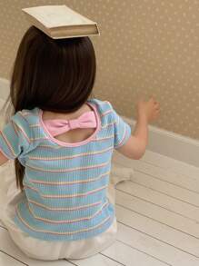 Hapijoa 女童圆领条纹卡通刺绣短袖T恤，夏季 - 藍色 - 查看 2