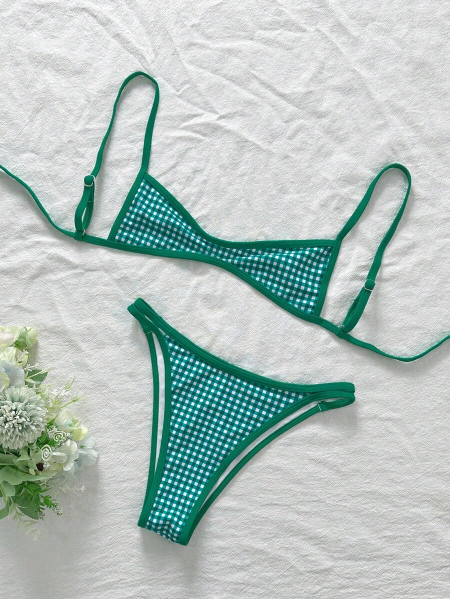 Swim Mod 2pcs/Set Women Plaid Random Print Spaghetti Strap Sexy Bikini Set, Summer - Green - View 1