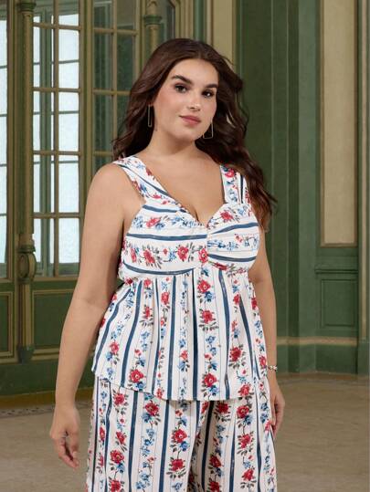 SHEIN MOD Blusa de tirantes con estampado floral retro para tallas grandes