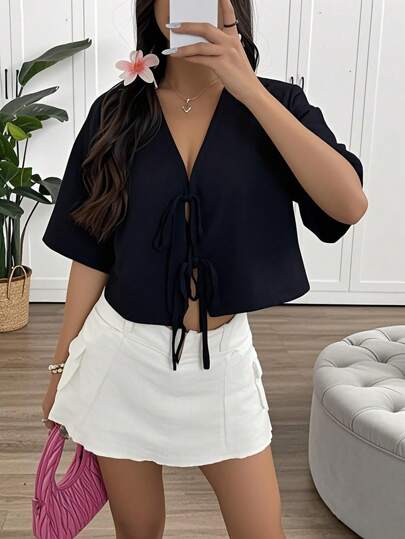 INAWLY Camisa tipo cárdigan con manga larga y lazo delantero, color rojo, para primavera