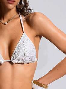 SHEIN Swim Conjunto de Maiô Bikini Sexy de Duas Peças com Laço em Tecido de Jacquard Floral Branco Puro para Uso Casual na Praia em Férias de Verão para Mulheres - Branco - Visão 3