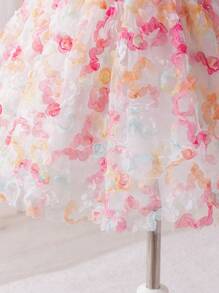 SHEIN Váy dệt tay bồng cổ viền hoa 3D cho bé gái - Hồng - Xem 8