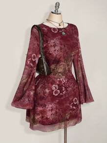 SHEIN ICON 大码女装秋季连衣裙，女士长袖连衣裙，Y2k 复古佩斯利网眼喇叭袖性感节日连衣裙，适合日常穿着 - 彩色 - 查看 4