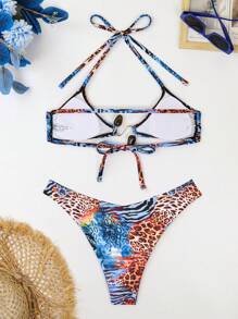 Swim Vcay Women Sexy Leopard Print Bikini Set With Random Floral Print, Halter Neck Tie Side Swimsuit For Summer Beach Vacation