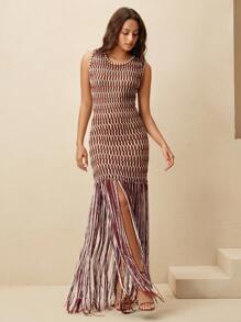 Anewsta Summer Design Handmade Woven Strap Black & White Color Block Tassel Dress - Brown - View 3