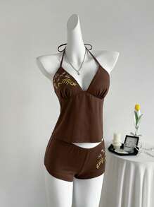 Sweetra 女士花卉刺绣复古 Y2K 紧身舒适夏季海滩度假泳衣套装、细肩带 V 领吊带背心和性感短裤 - 棕色 - 查看 8
