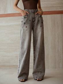 MOTF PREMIUM Jeans con bolsillos en sesgado con detalles de strass - Gris Oscuro - Ver 5