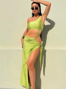 SHEIN Swim Conjunto de 2 piezas glamoroso para el verano: Nuevo vestido largo asimétrico de un hombro con abertura lateral y espalda descubierta, de unicolor, ideal para la playa y vacaciones para mujeres