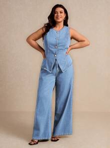 Elaquor 大码女式单排扣牛仔背心和休闲裤套装 - 淺色水洗藍 - 查看 7