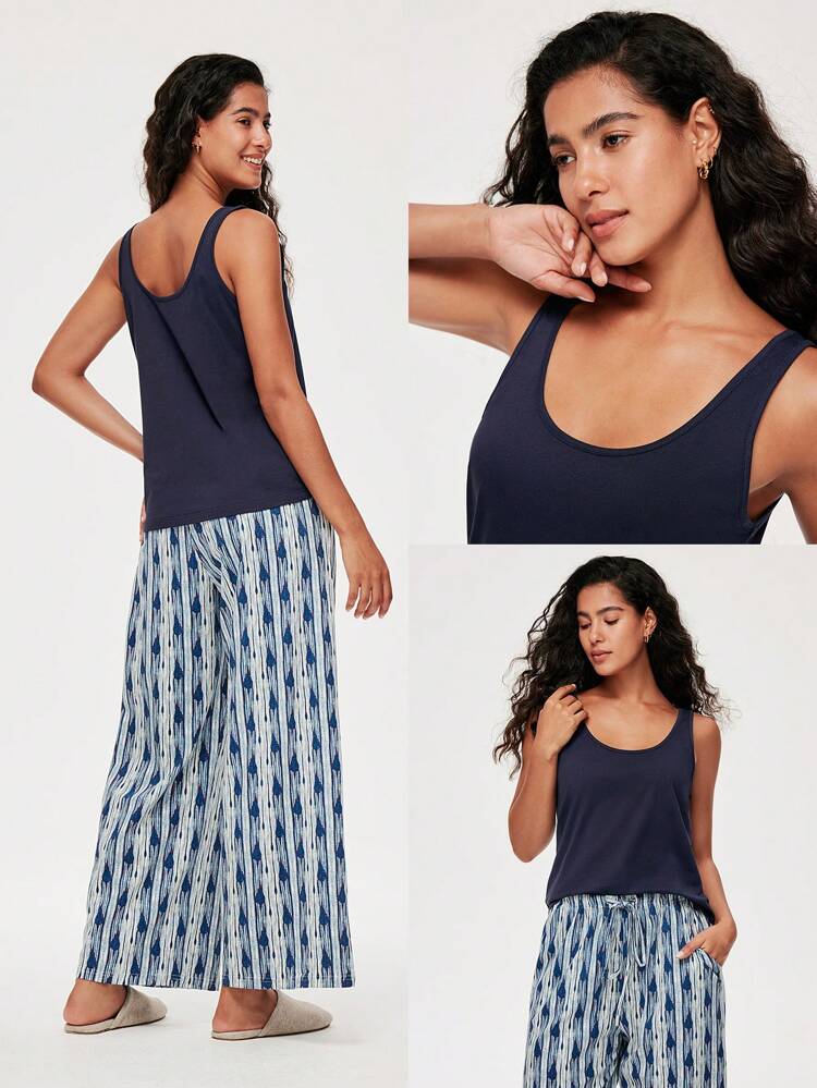 Letni, miękki bawełniany, podstawowy top i wzorzyste spodnie, przewiewny komplet piżamowy dla kobiet, spodnie z kieszeniami, bielizna jako odzież wierzchnia, zestawy wypoczynkowe dla kobiet, pasujące zestawy na wiosnę i lato, dwuczęściowy komplet Capri, bawełniana piżama