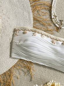 Swim Vcay 1件装女士纹理纯色贝壳吊带装饰抹胸泳衣上装，手工制作，贝壳数量随机，夏季 - 白色 - 查看 3