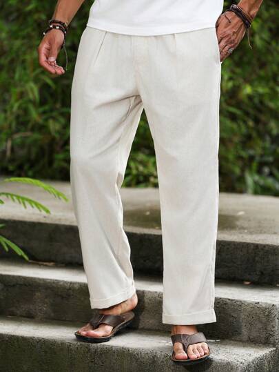 Manfinity Homme Men's Casual Solid Color Linen Button Pants