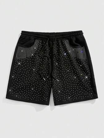 Street Life Men's Rhinestone Drawstring Waist Pocket Loose Shorts