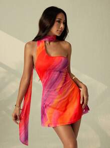 SHEIN PETITE 女式蜡染印花无袖迷你直筒连衣裙，时尚单肩带夏季夏季服装夏季服装女士海滩服装海滩度假服装女士波西米亚风热带度假女装花卉露背橙色渐变飘带迷你连衣裙露背吊带性感约会度假海滩夏季日落图案印花，狂欢服装节日