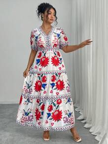 Elenzga Plus Size Women's French Romantic Floral Print Casual Short Sleeve Summer Dress - Multicolor - View 5