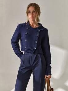 SHEIN Cottnline Double-Breasted Wool Cropped Jacket With Folded Collar, Flap Pockets, And Ribbed Cuffs - Navy Blue - View 7